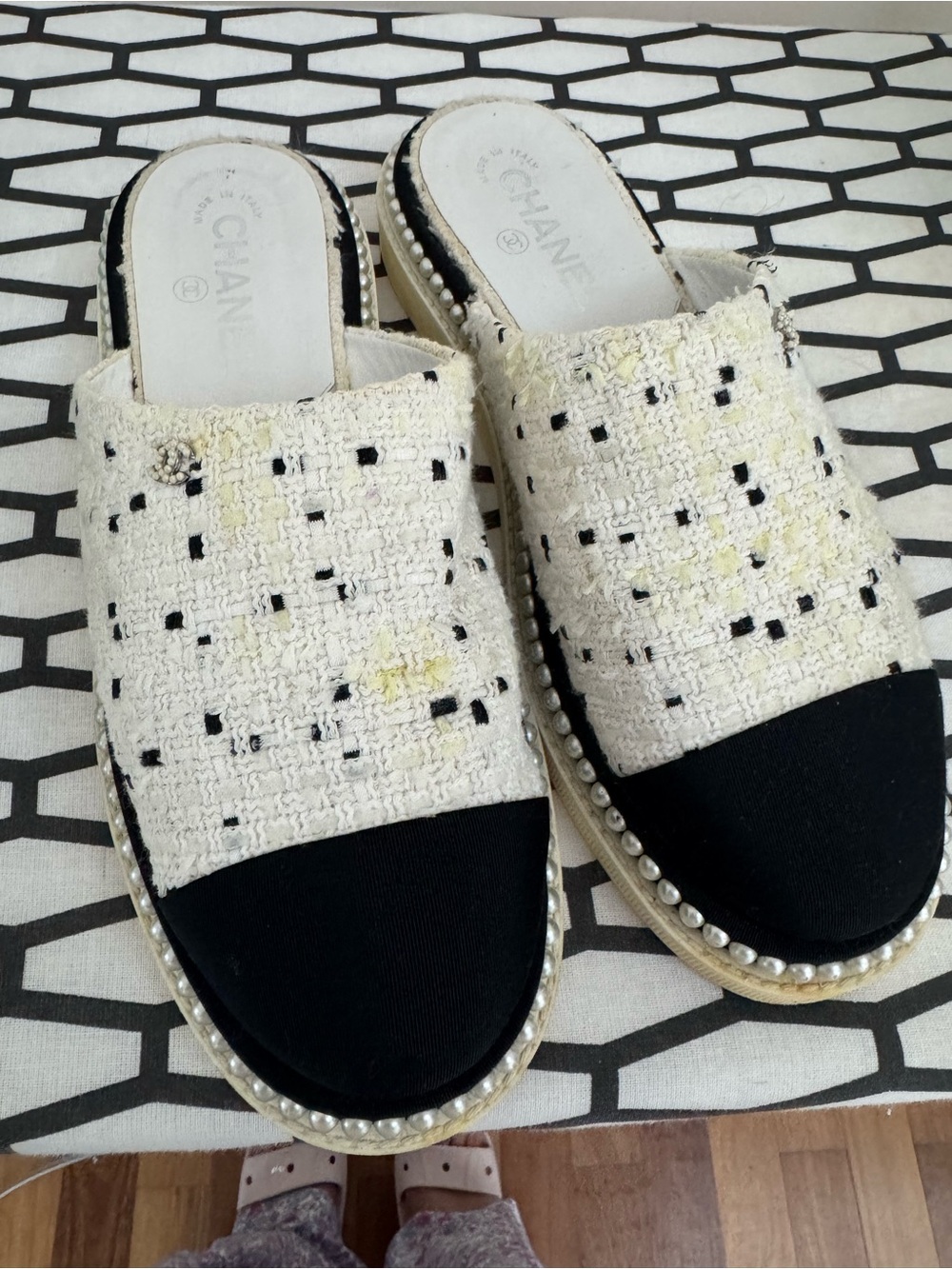 CHANEL Cream Tweed Pearl-Trim Slide Mules with Black Cap